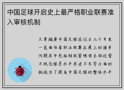 中国足球开启史上最严格职业联赛准入审核机制